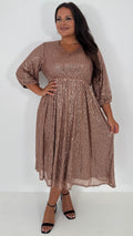 CurveWow V Neck Sequin Skater Dress Copper