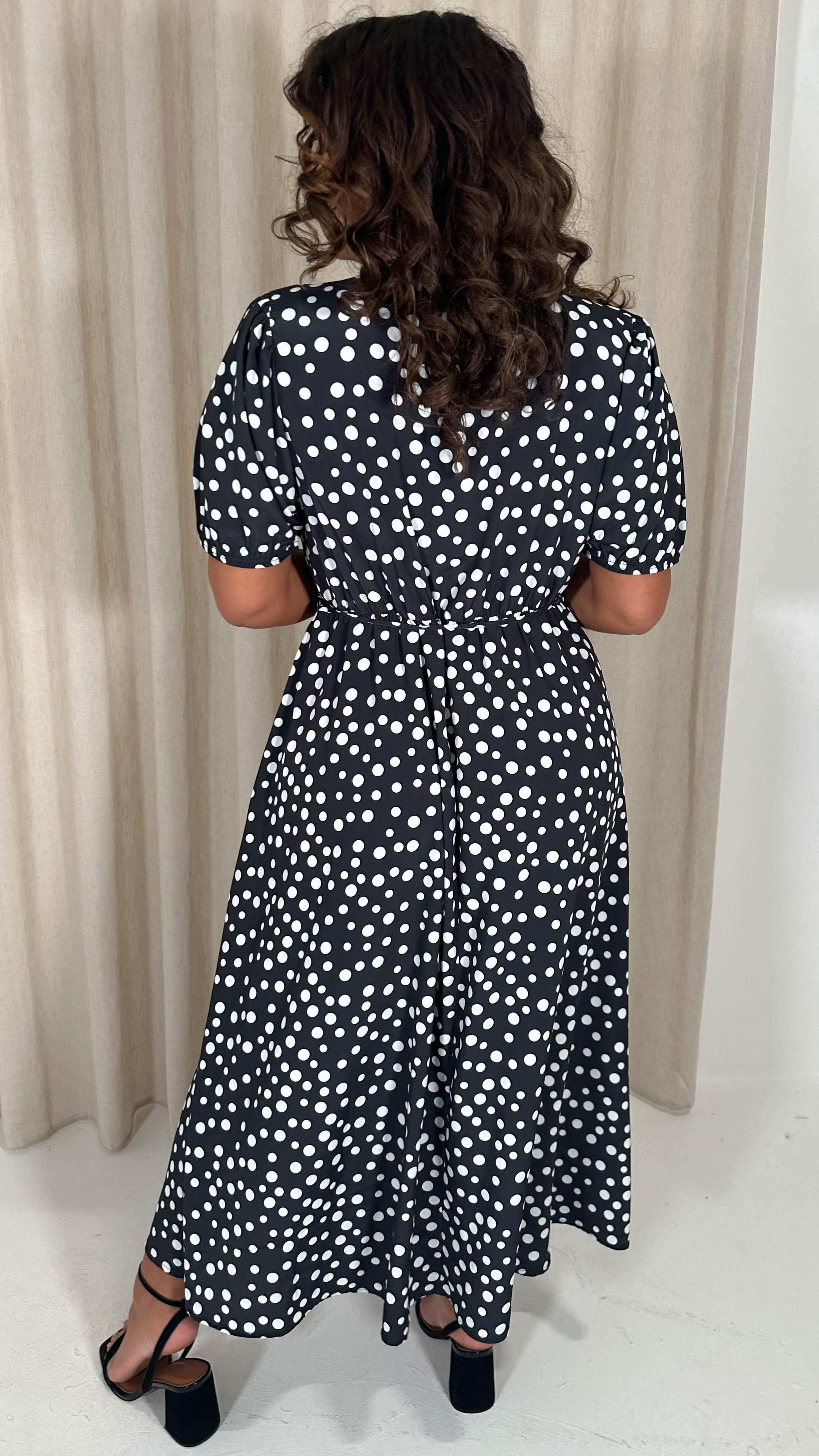 CurveWow Puff Sleeve Wrap Dress Black Polka
