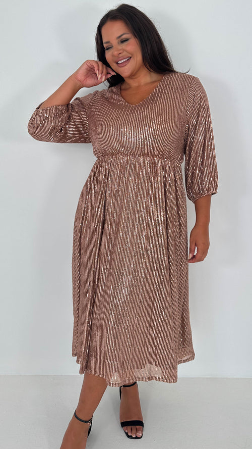 CurveWow V Neck Sequin Skater Dress Copper