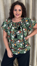 CurveWow Lace Insert Tassel Tie Top Black Tropical