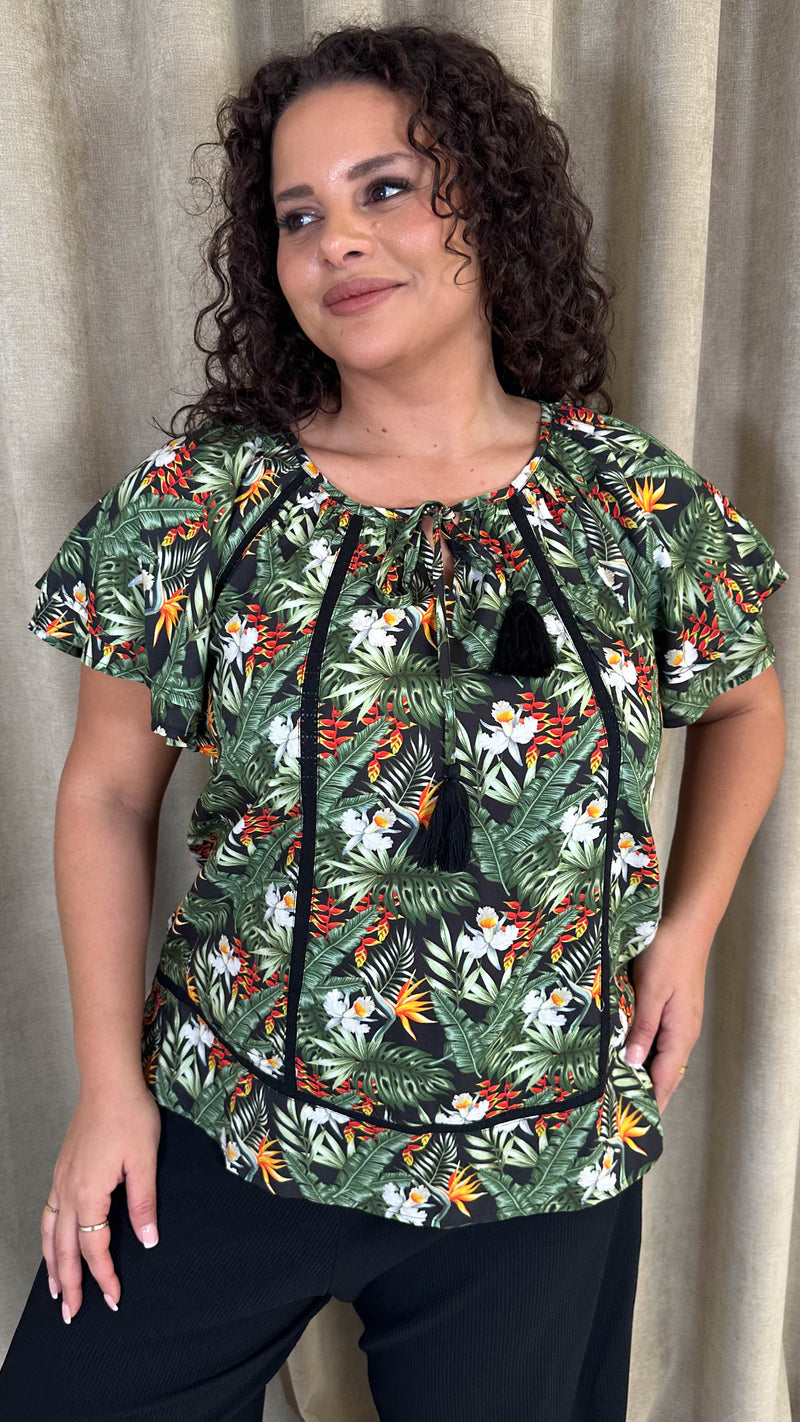 CurveWow Lace Insert Tassel Tie Top Black Tropical