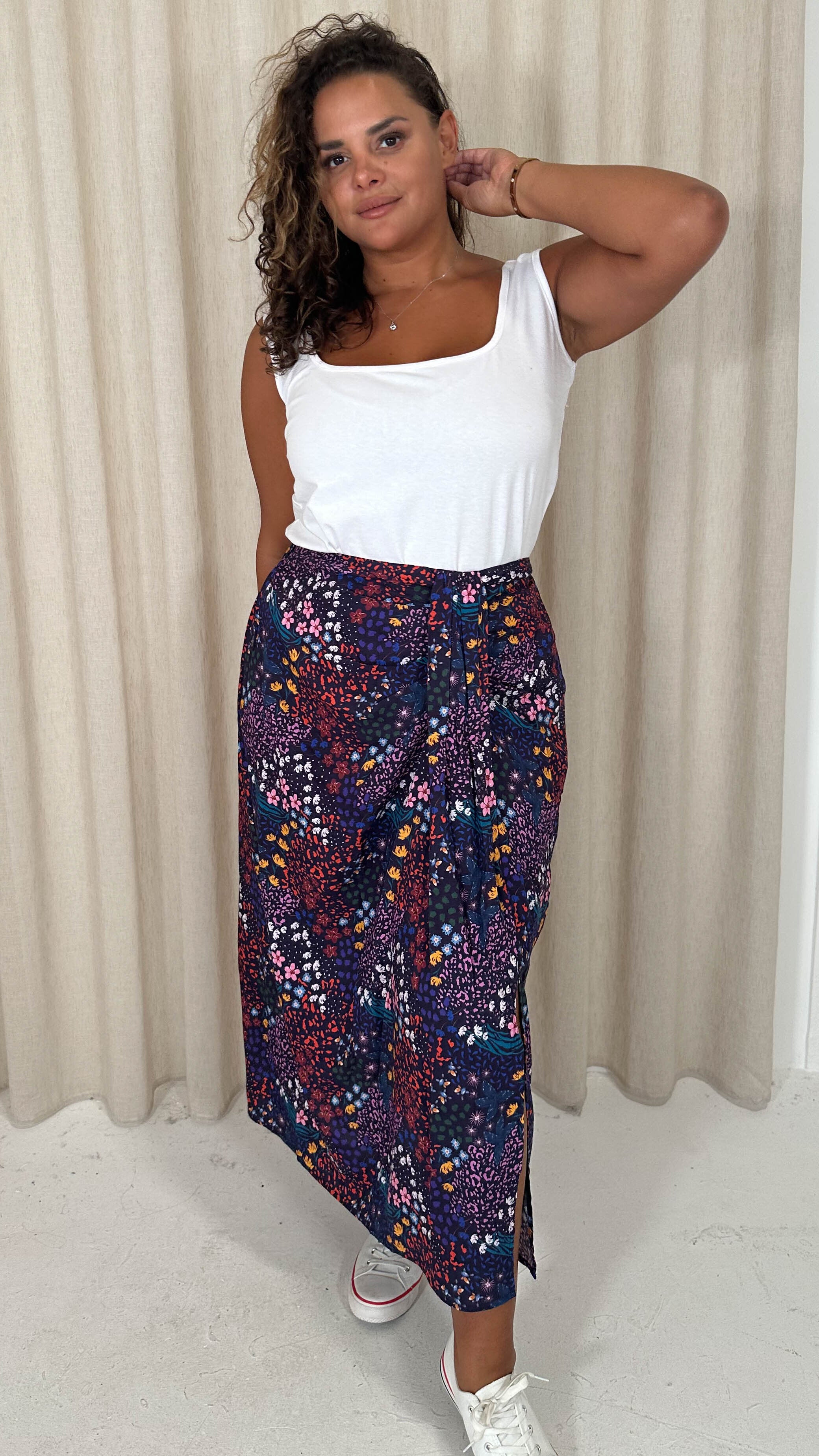 CurveWow Printed Drape Front Midi Skirt Mixed Patchwork Floral