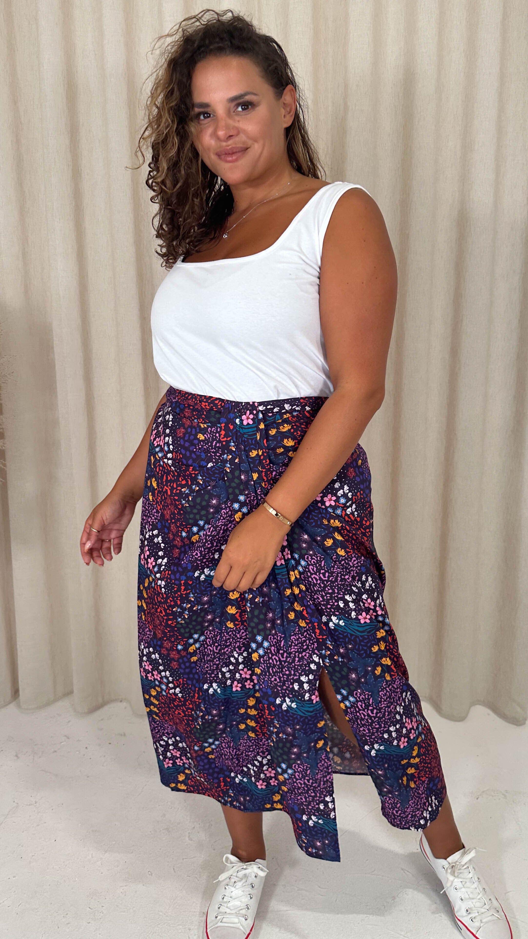 CurveWow Printed Drape Front Midi Skirt Mixed Patchwork Floral