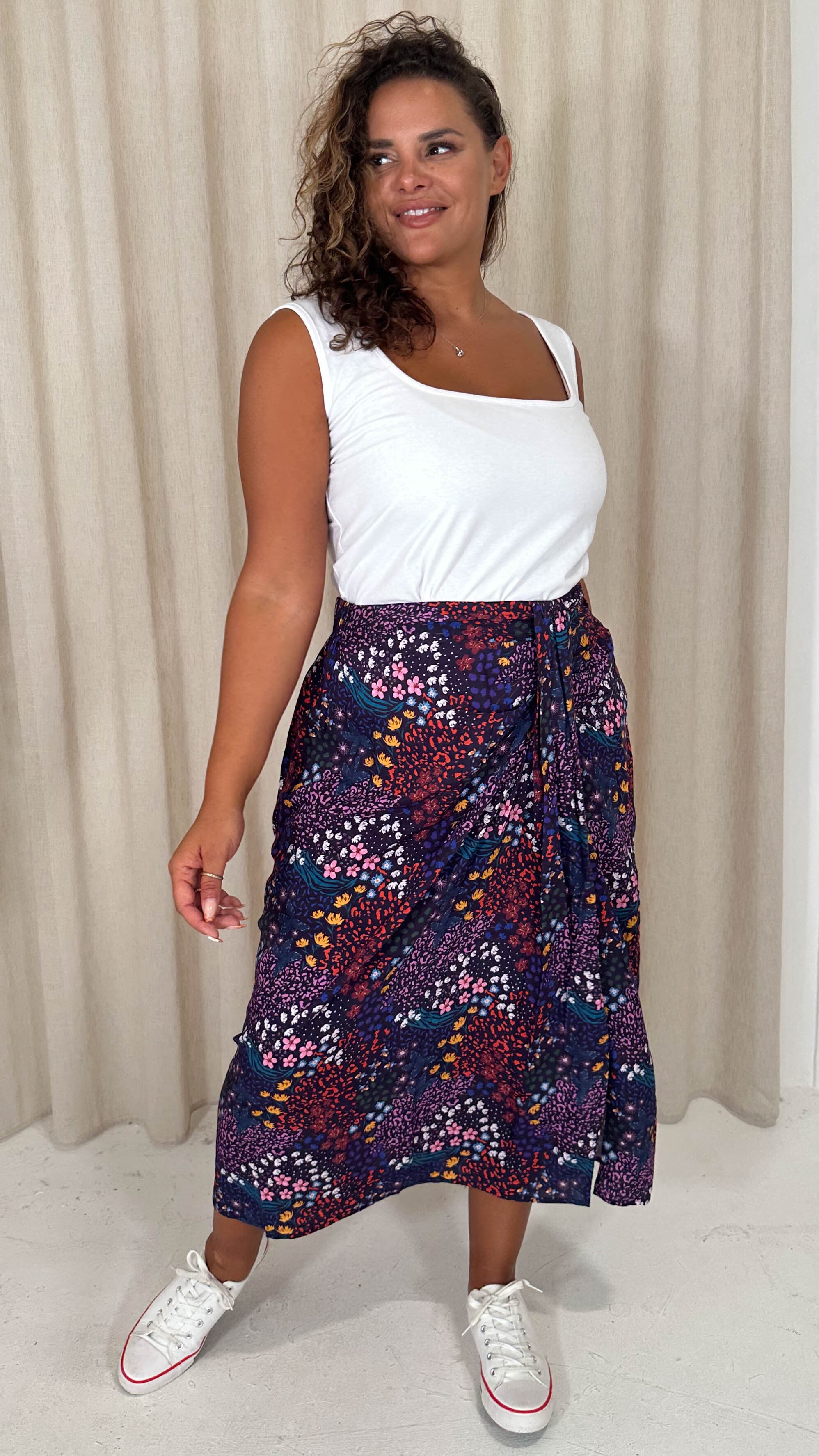 CurveWow Printed Drape Front Midi Skirt Mixed Patchwork Floral