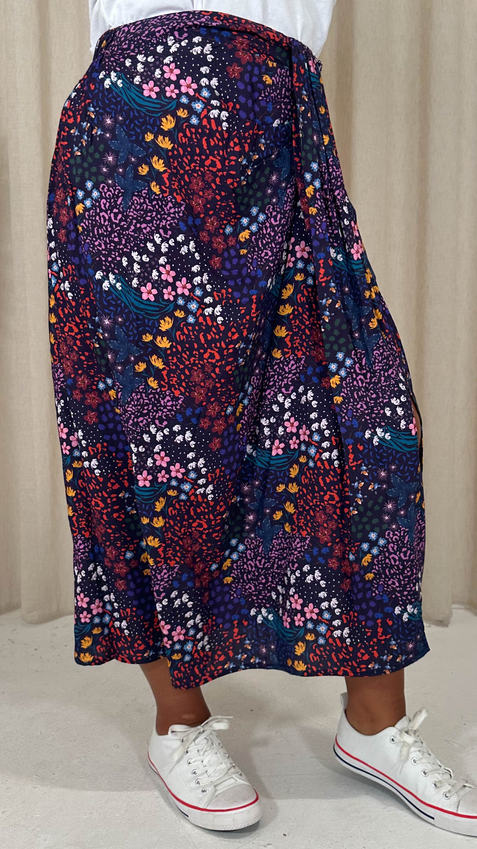CurveWow Printed Drape Front Midi Skirt Mixed Patchwork Floral