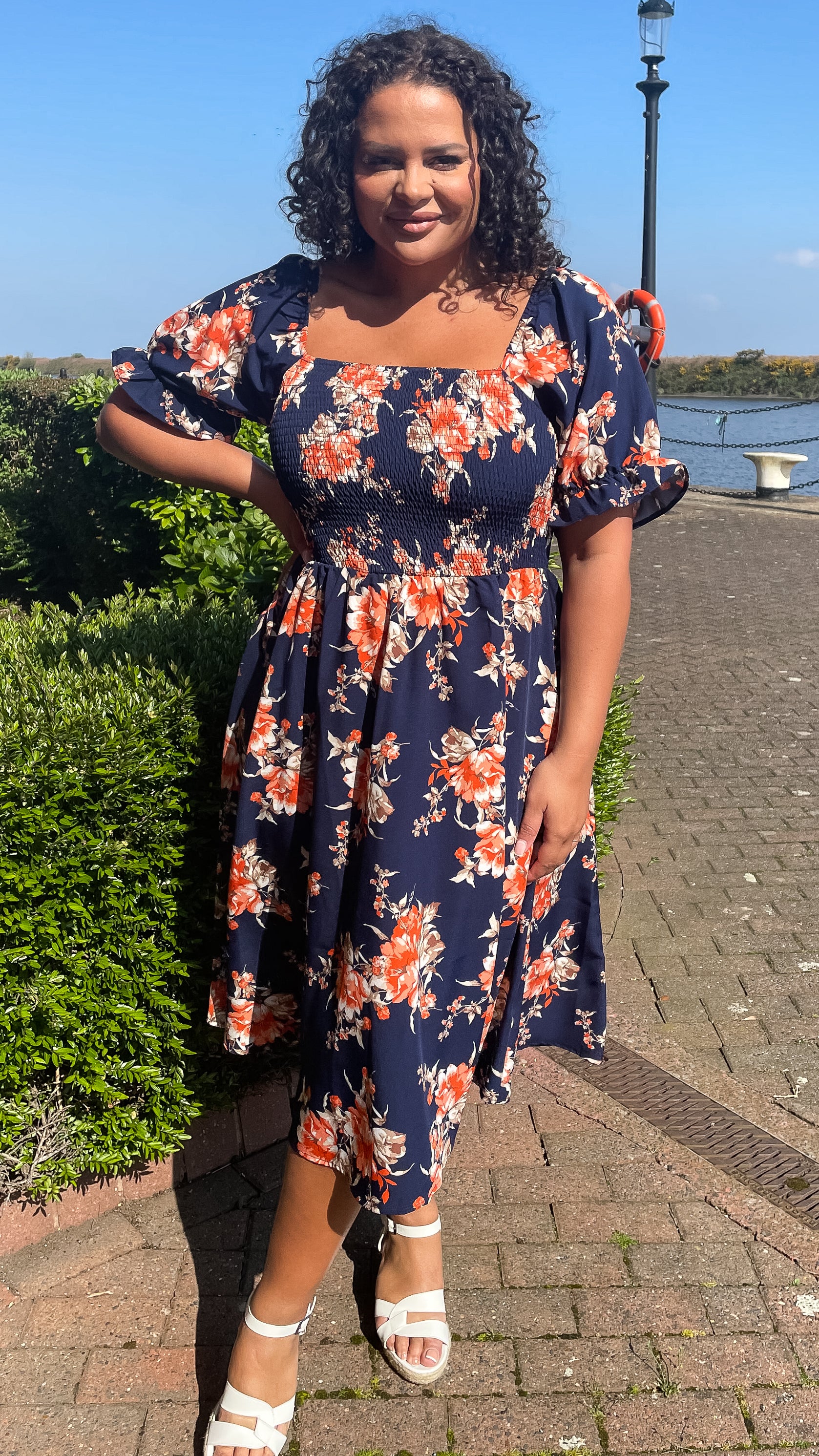 CurveWow Square Neck Shirred Midi Dress Navy Orange Floral Curvewow CurveWow Square Neck Shirred Midi Dress Navy Orange Floral Curvewow