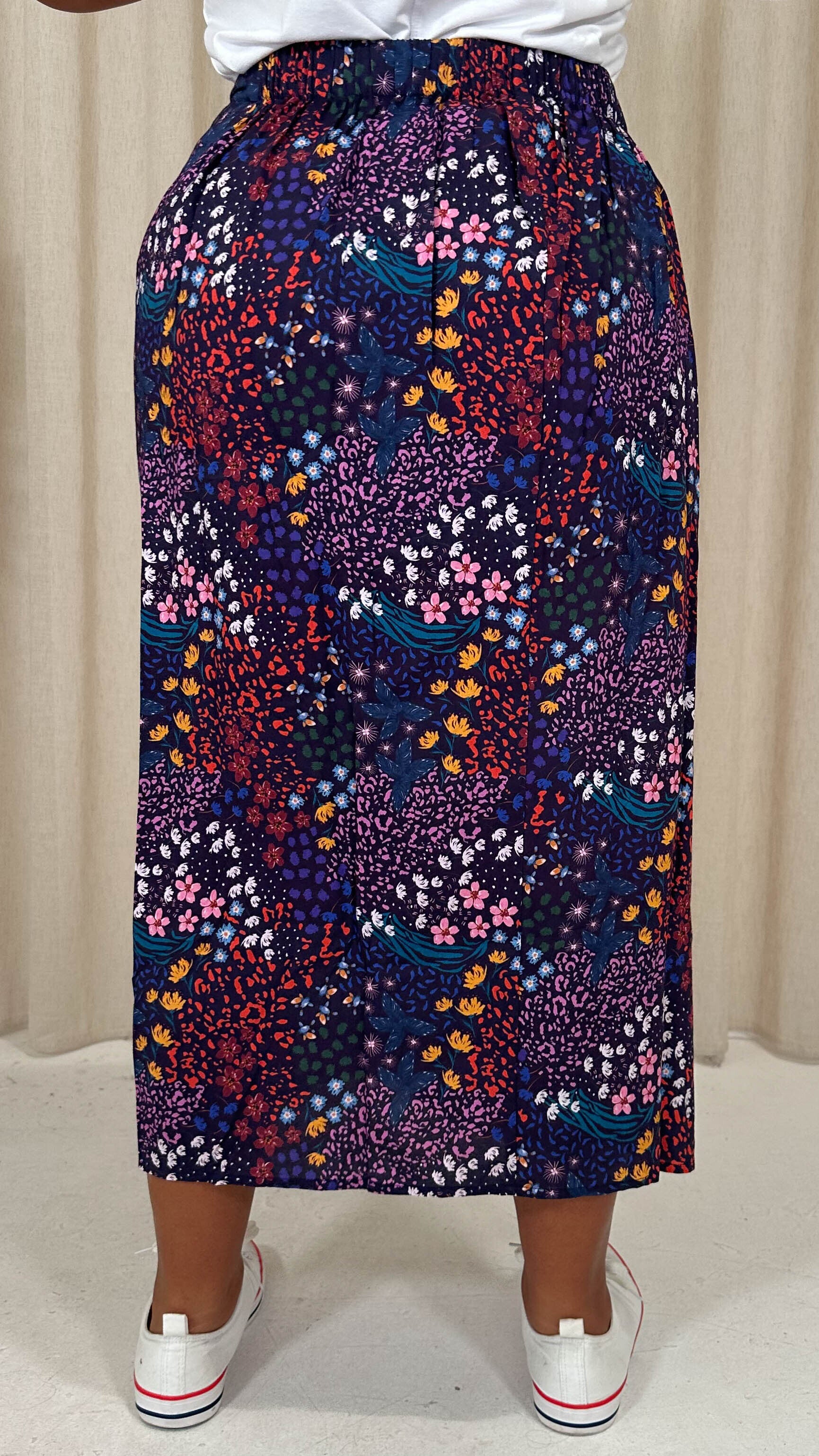 CurveWow Printed Drape Front Midi Skirt Mixed Patchwork Floral