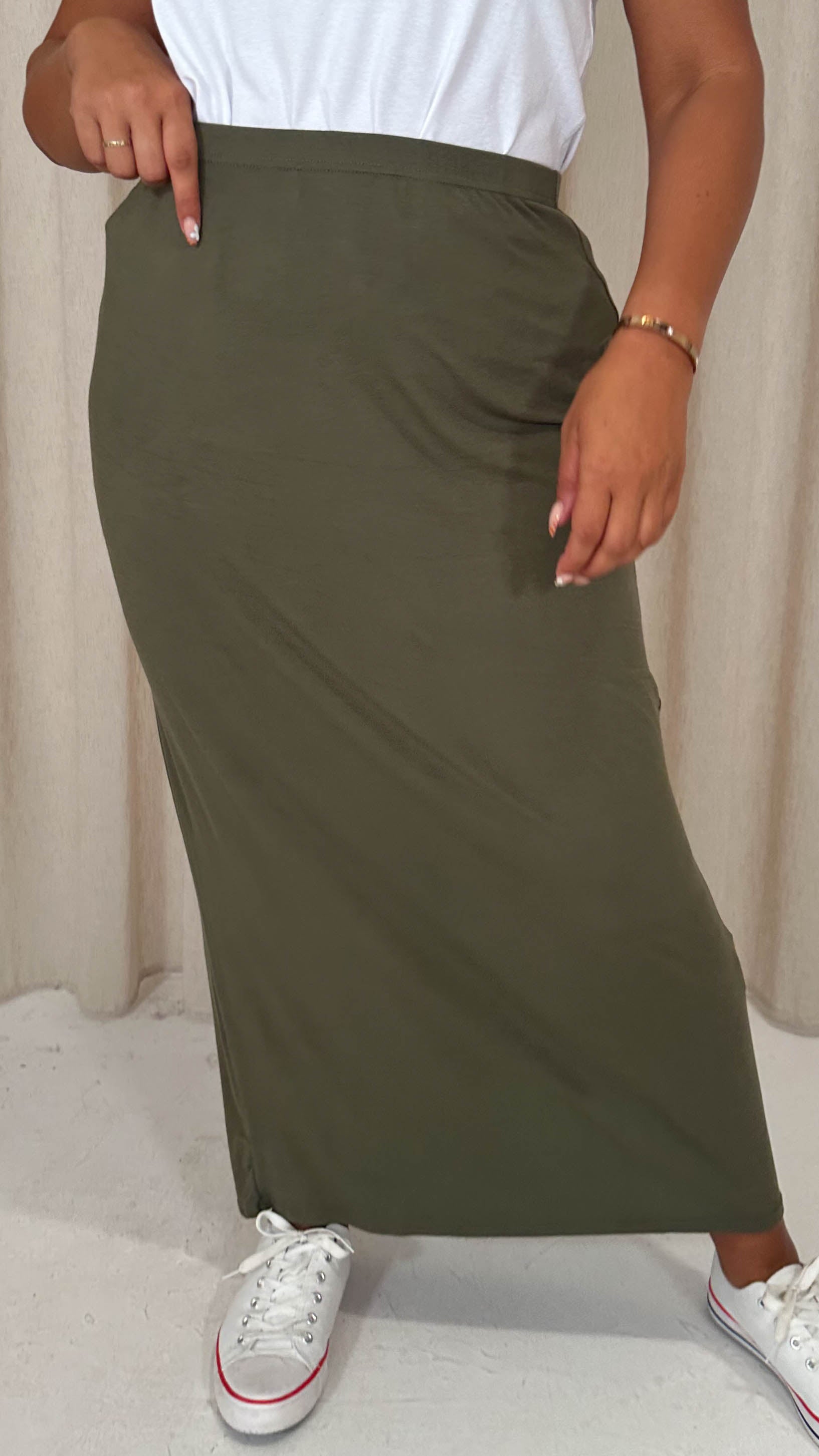 CurveWow Basic Tube Maxi Skirt Dark Khaki
