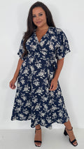 CurveWow Kimono Wrap Midaxi Dress Navy Floral