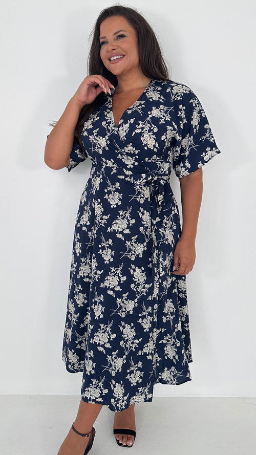 CurveWow Kimono Wrap Midaxi Dress Navy Floral
