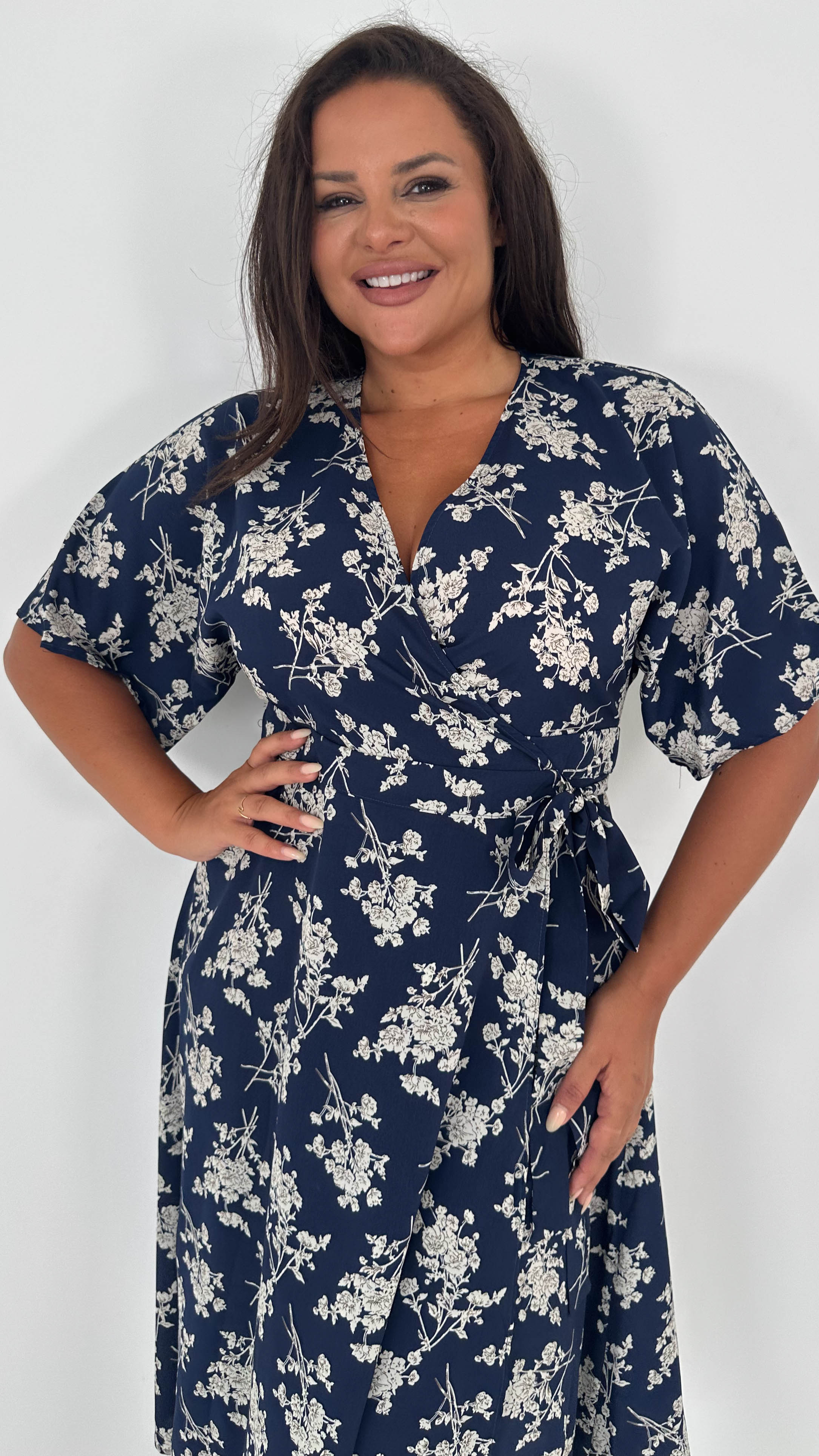 CurveWow Kimono Wrap Midaxi Dress Navy Floral