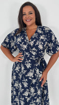 CurveWow Kimono Wrap Midaxi Dress Navy Floral