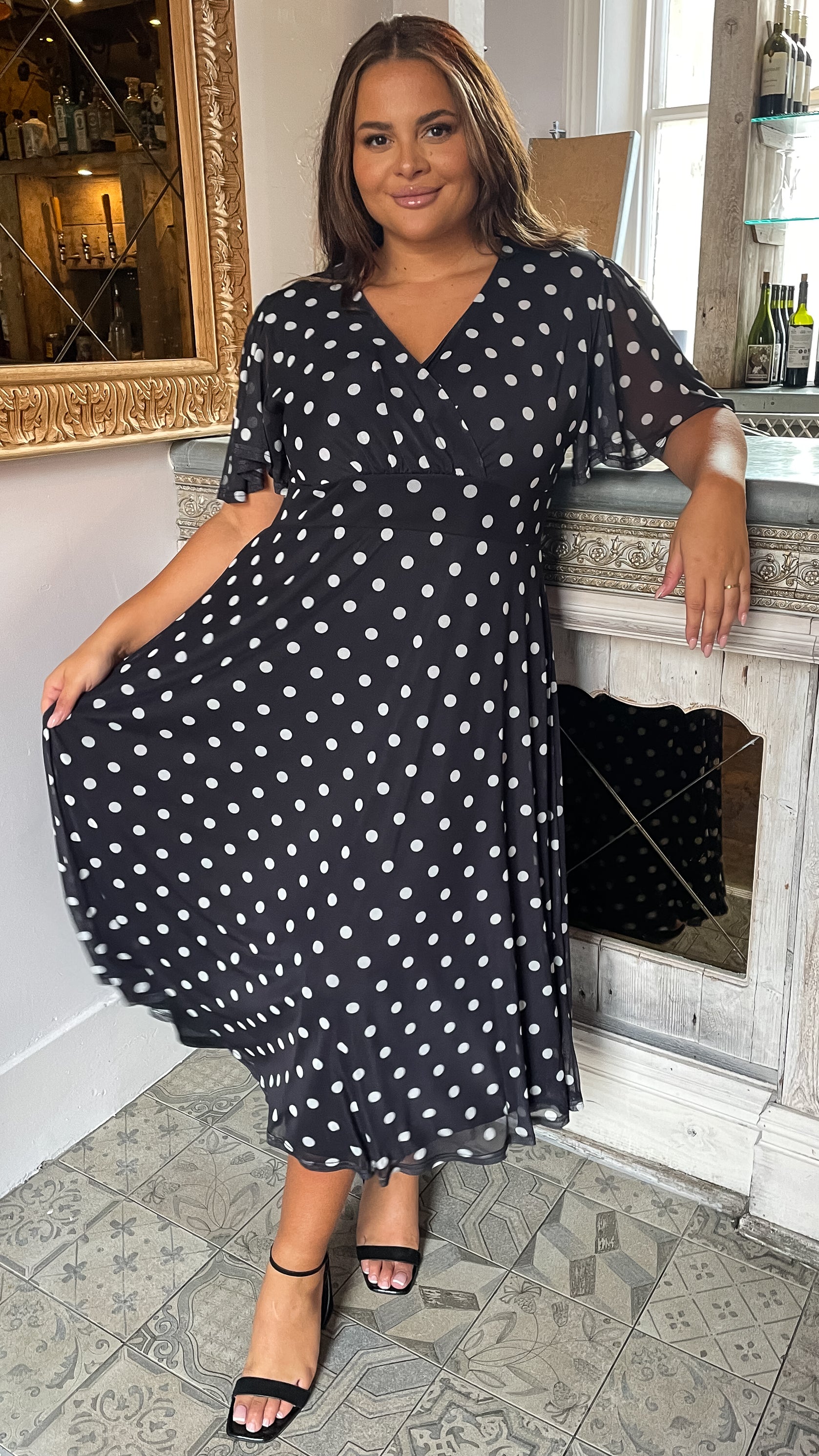 CurveWow Mesh Angel Sleeve Dress Black Polka Dot