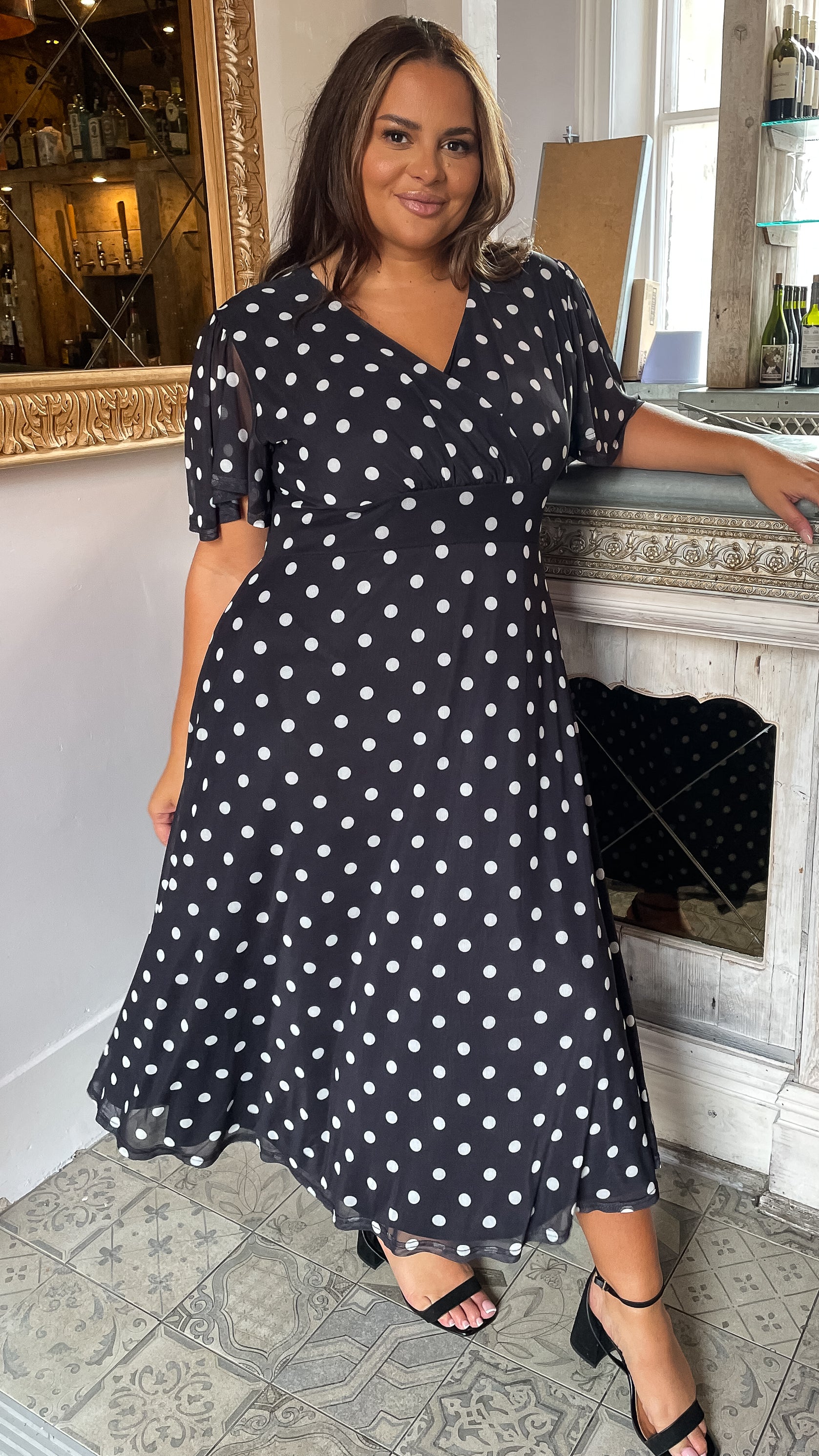 CurveWow Petite Mesh Angel Sleeve Dress Black Polka Dots
