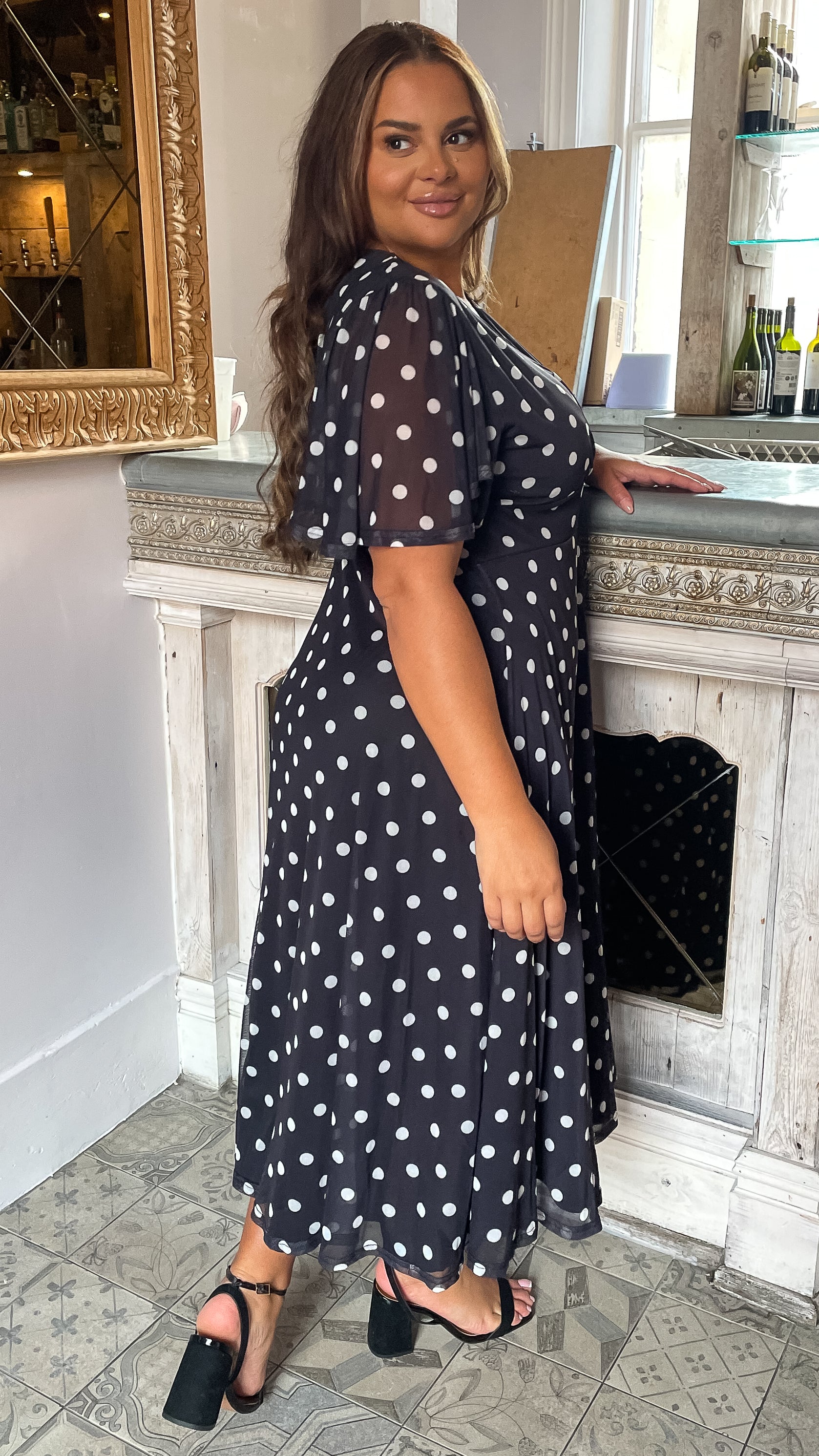 CurveWow Mesh Angel Sleeve Dress Black Polka Dot