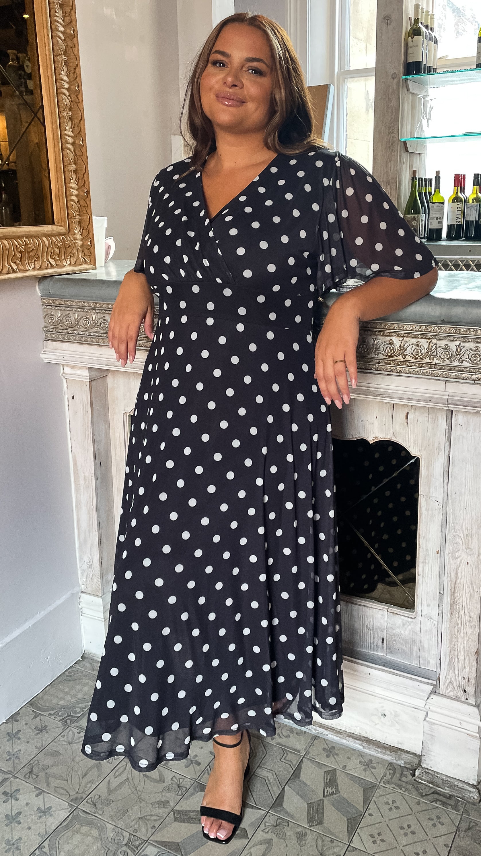 CurveWow Mesh Angel Sleeve Dress Black Polka Dot