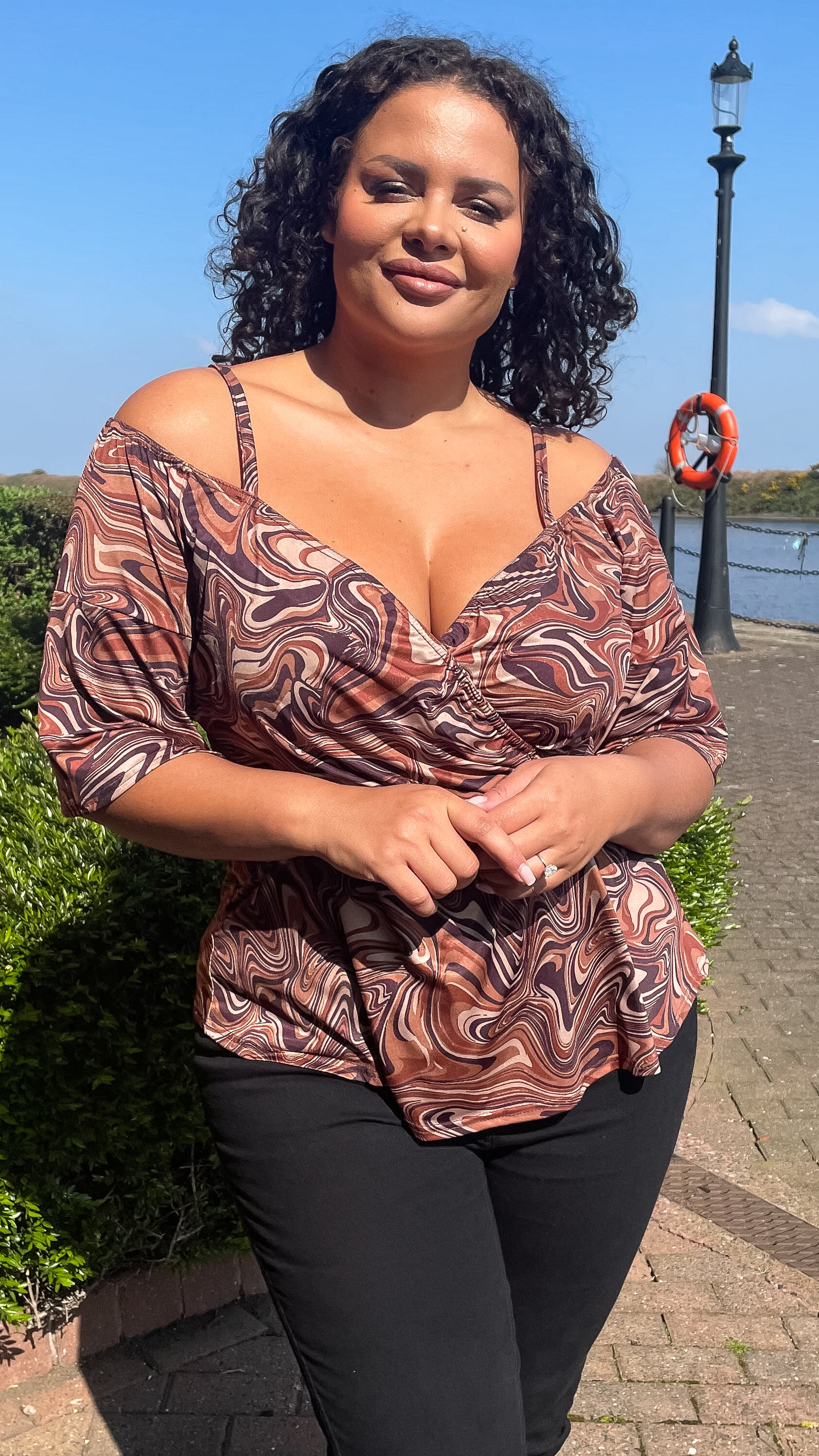 CurveWow Cold Shoulder Tunic Chocolate Marble