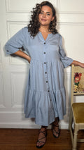 CurveWow Tencel Button Front Tiered Dress Light Blue