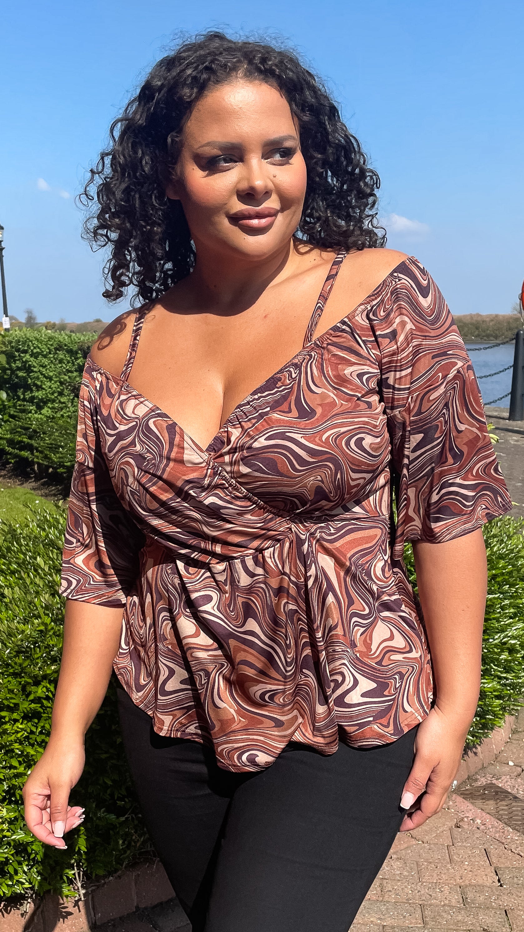 CurveWow Cold Shoulder Tunic Chocolate Marble