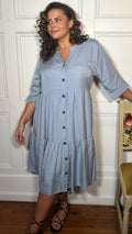 CurveWow Tencel Button Front Tiered Dress Light Blue