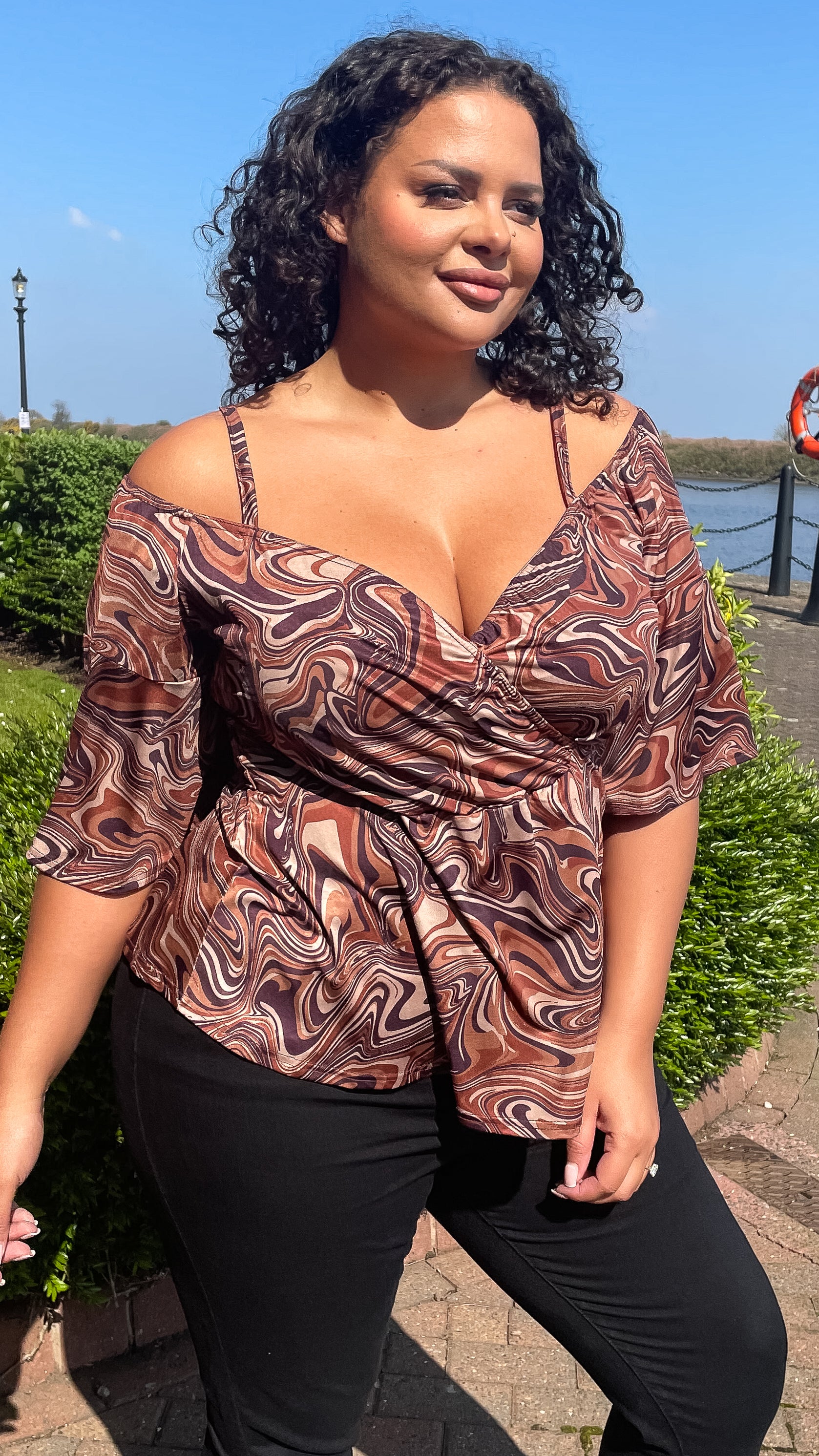 CurveWow Cold Shoulder Tunic Chocolate Marble