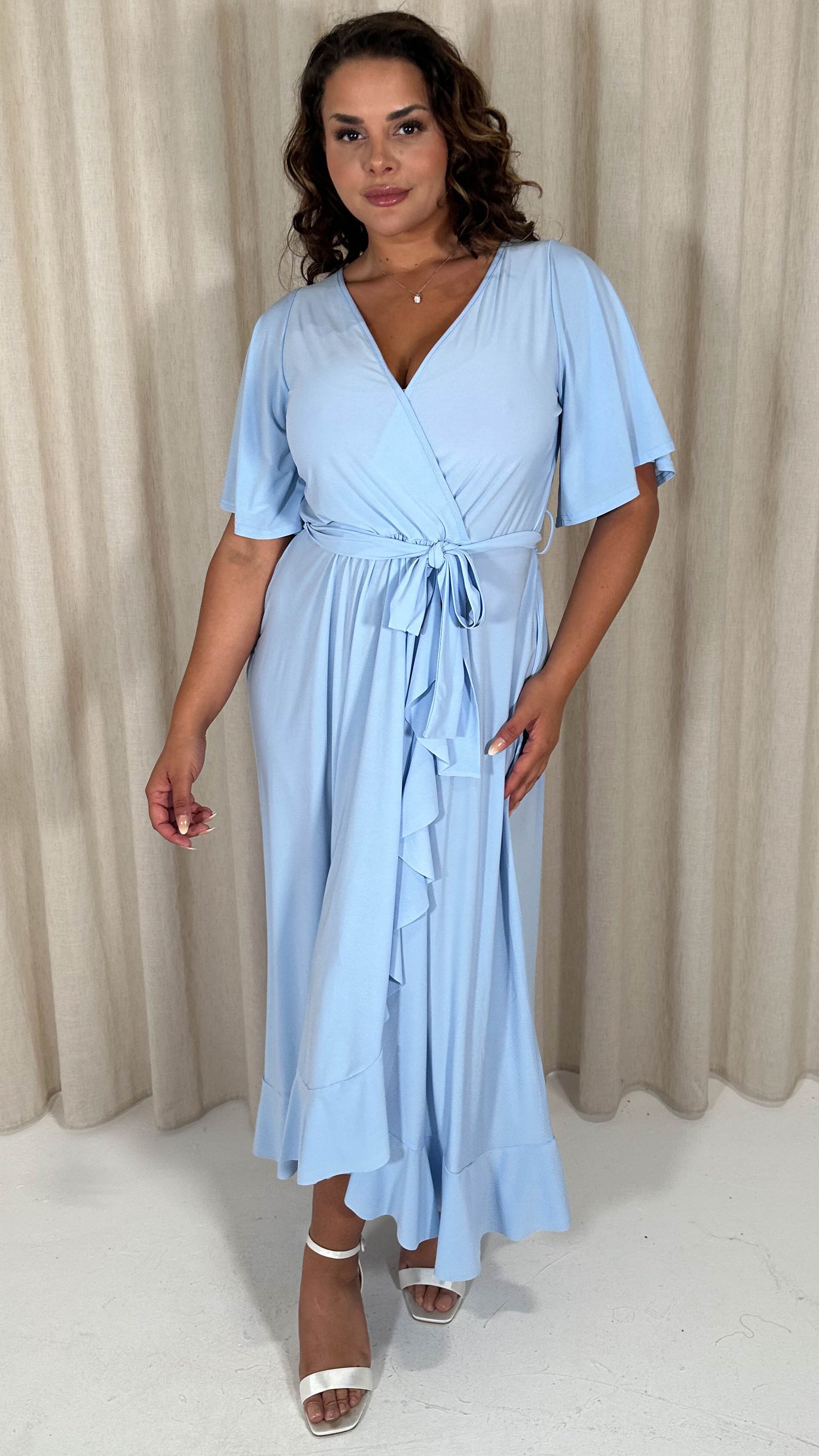 CurveWow Slinky Frill Wrap Dress Light Blue Curvewow CurveWow Slinky Frill Wrap Dress Light Blue Curvewow