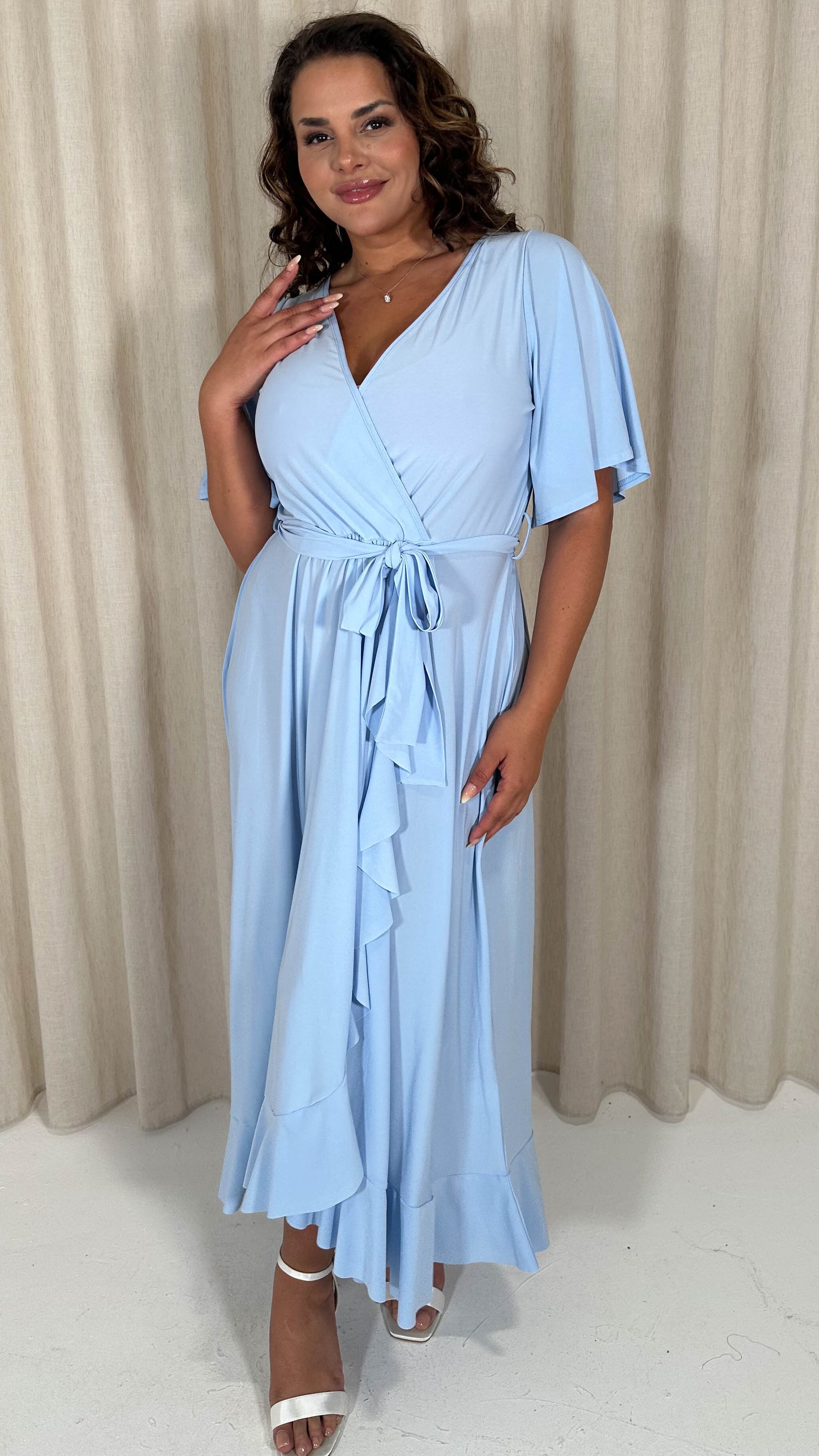 CurveWow Slinky Frill Wrap Dress Light Blue Curvewow CurveWow Slinky Frill Wrap Dress Light Blue Curvewow