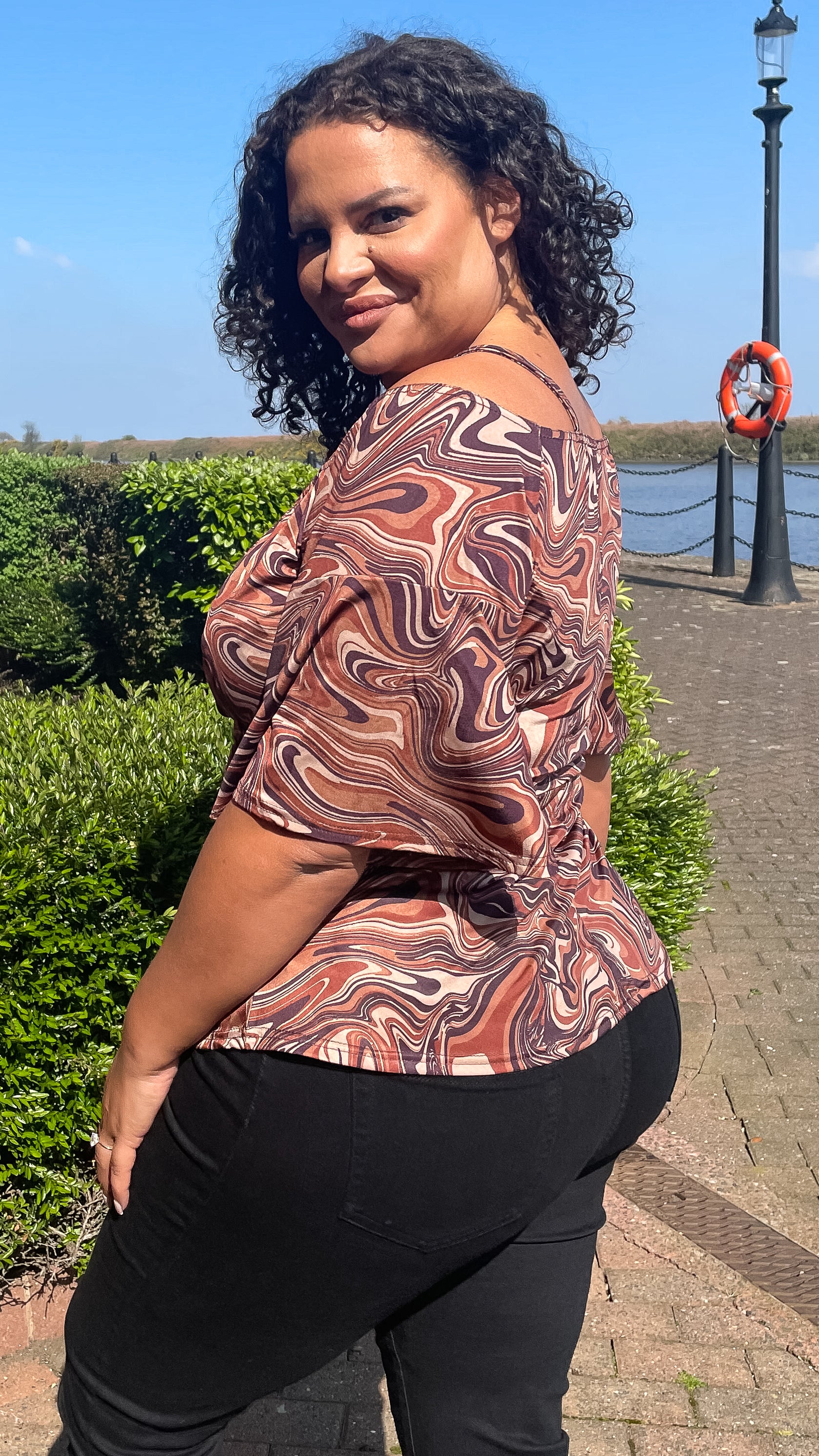 CurveWow Cold Shoulder Tunic Chocolate Marble