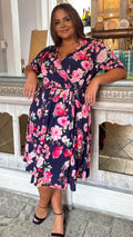 CurveWow Belted Wrap Dress Navy Floral