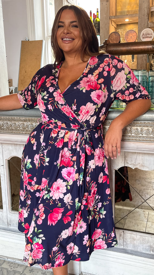 CurveWow Belted Wrap Dress Navy Floral