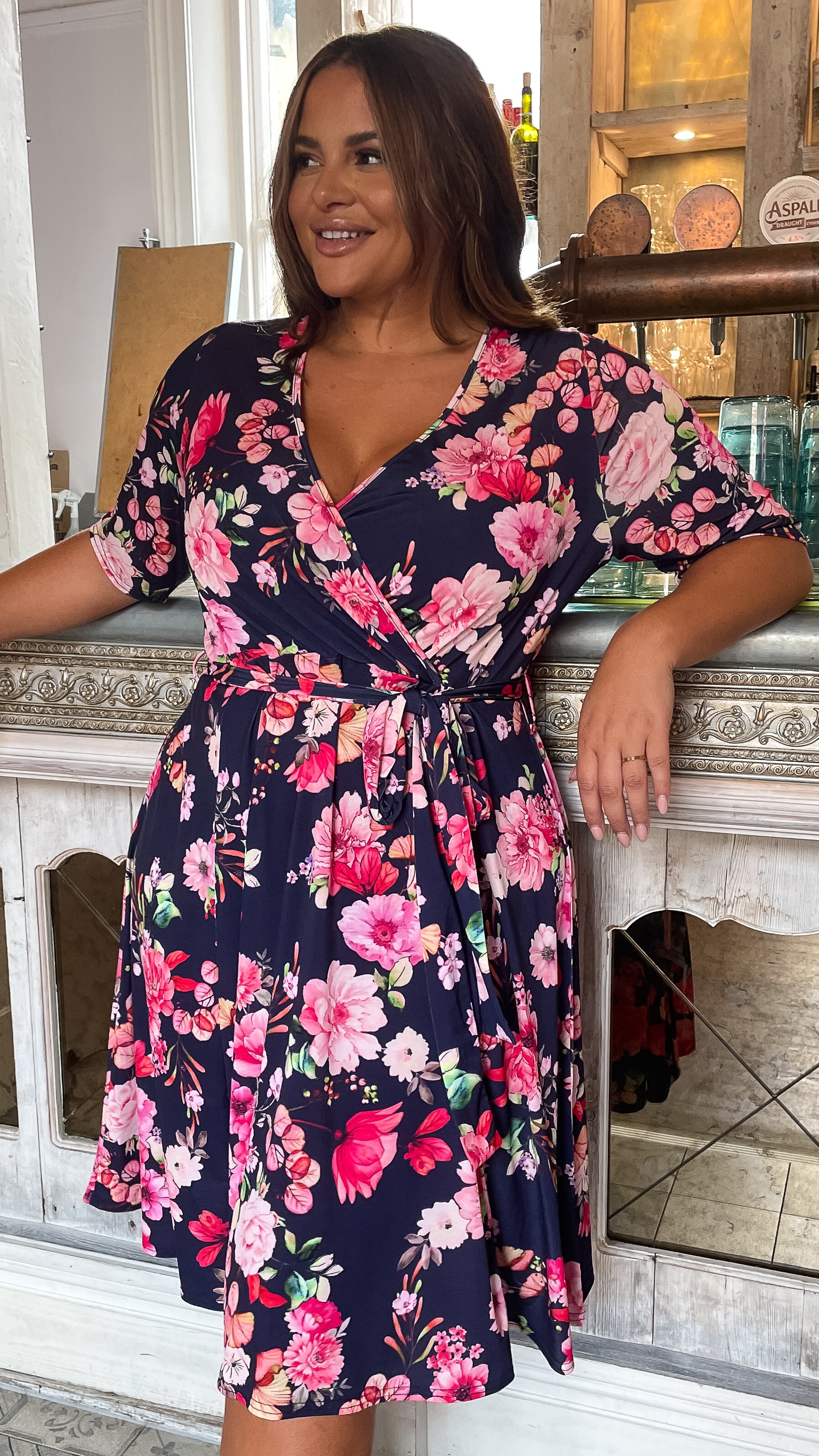 CurveWow Belted Wrap Dress Navy Floral