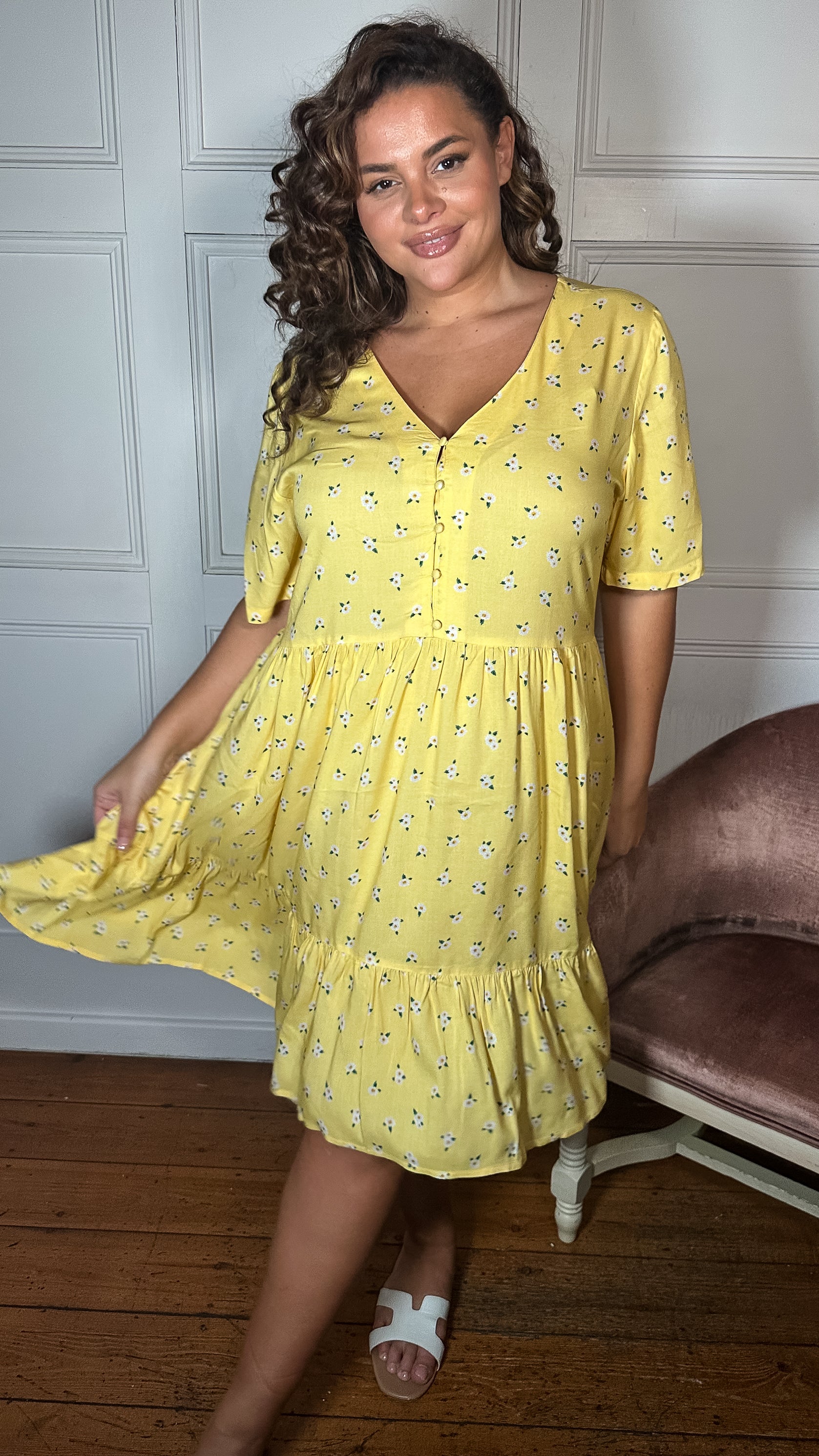CurveWow Button Front Tea Dress Yellow Floral