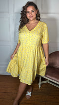 CurveWow Button Front Tea Dress Yellow Floral
