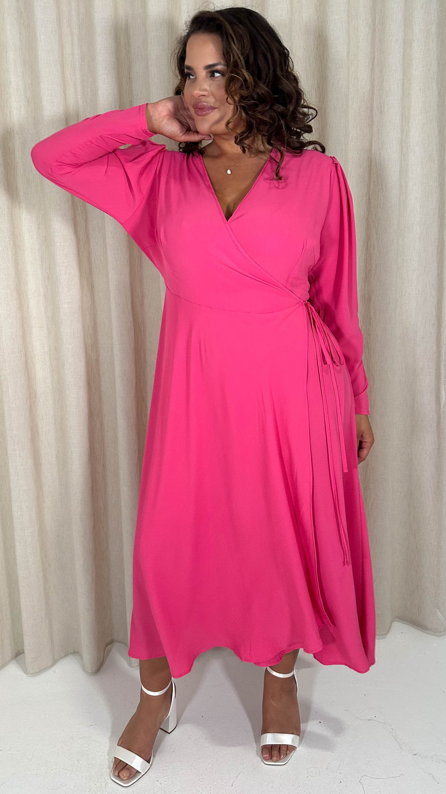 CurveWow Long Pleat Sleeve Wrap Dress Pink – Curvewow