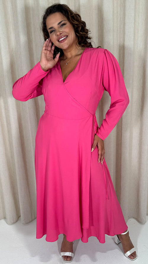 CurveWow Long Pleat Sleeve Wrap Dress Pink