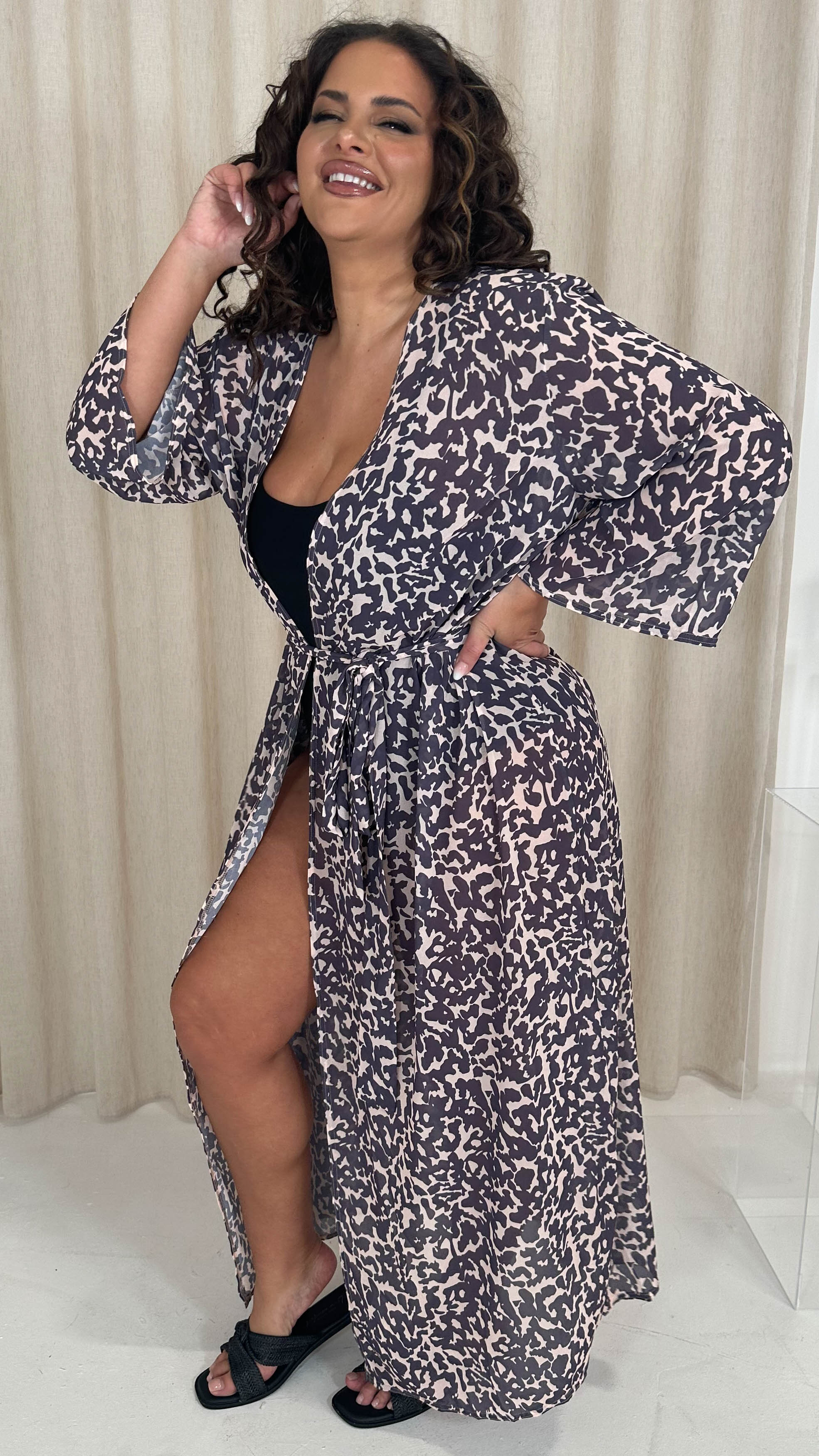 CurveWow Kimono Tie Waist Cover Up Animal Print