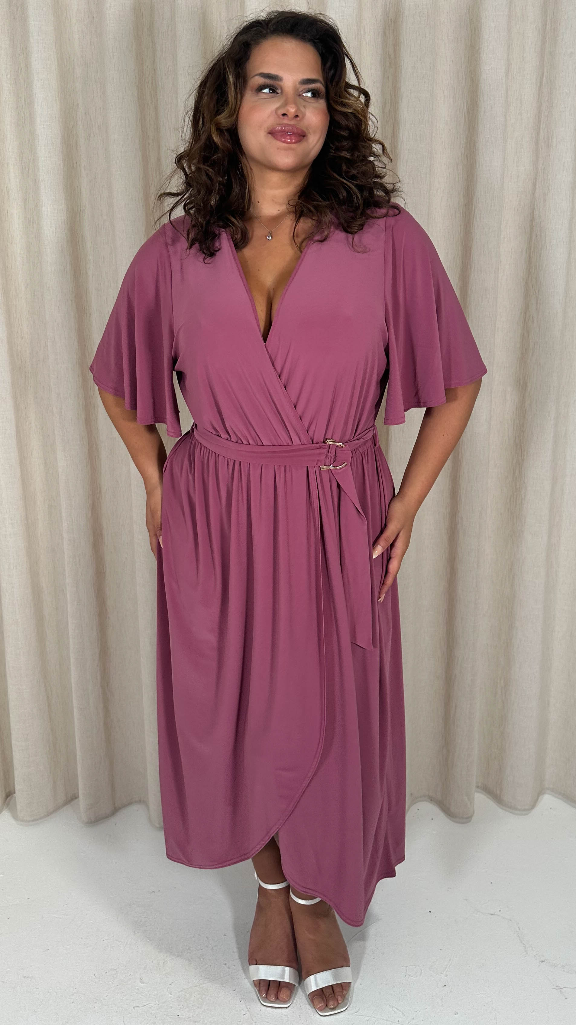 CurveWow D Ring Belted V Neck Dress Rose Pink