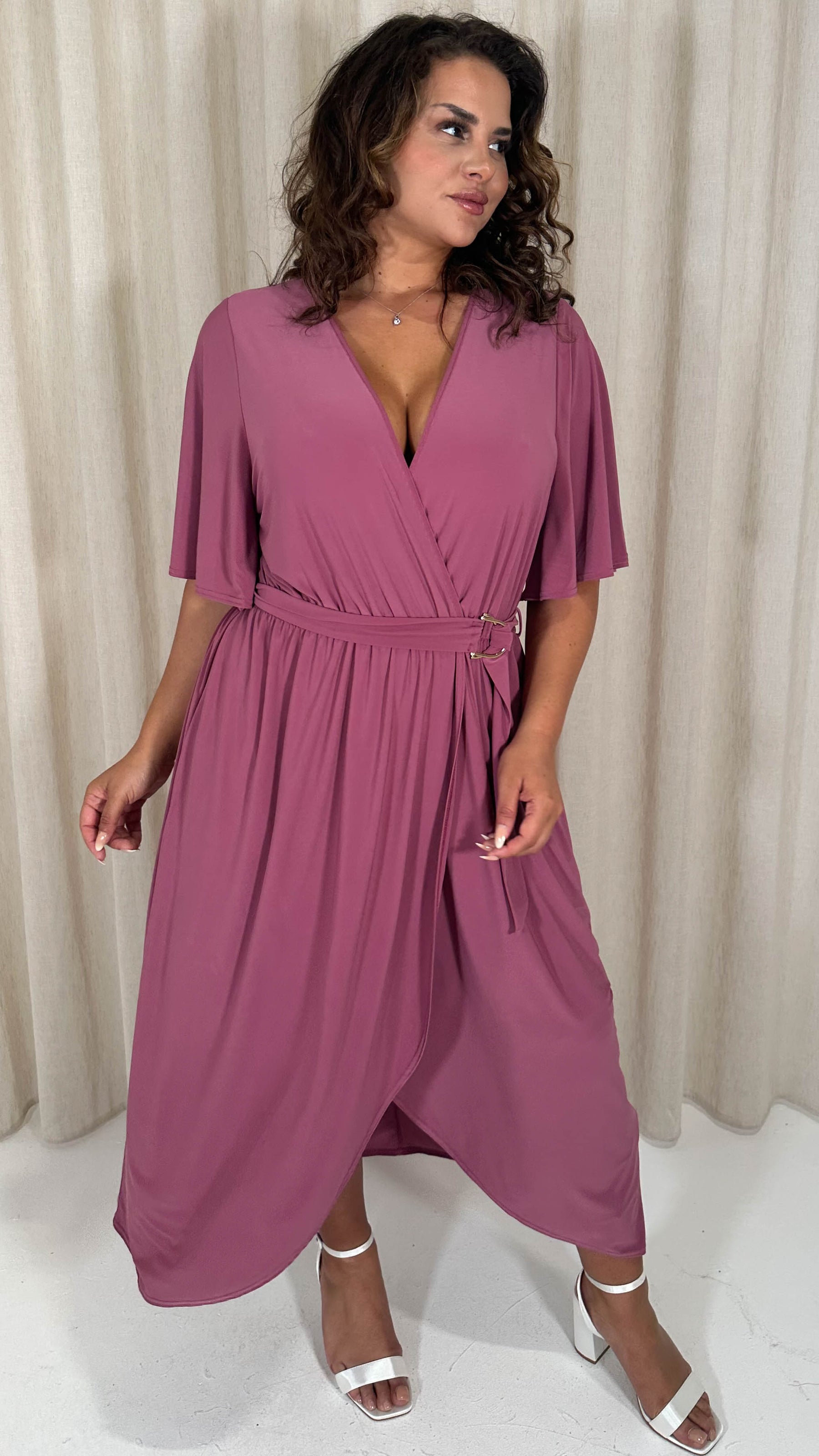 CurveWow D Ring Belted V Neck Dress Rose Pink Curvewow CurveWow D Ring Belted V Neck Dress Rose Pink Curvewow