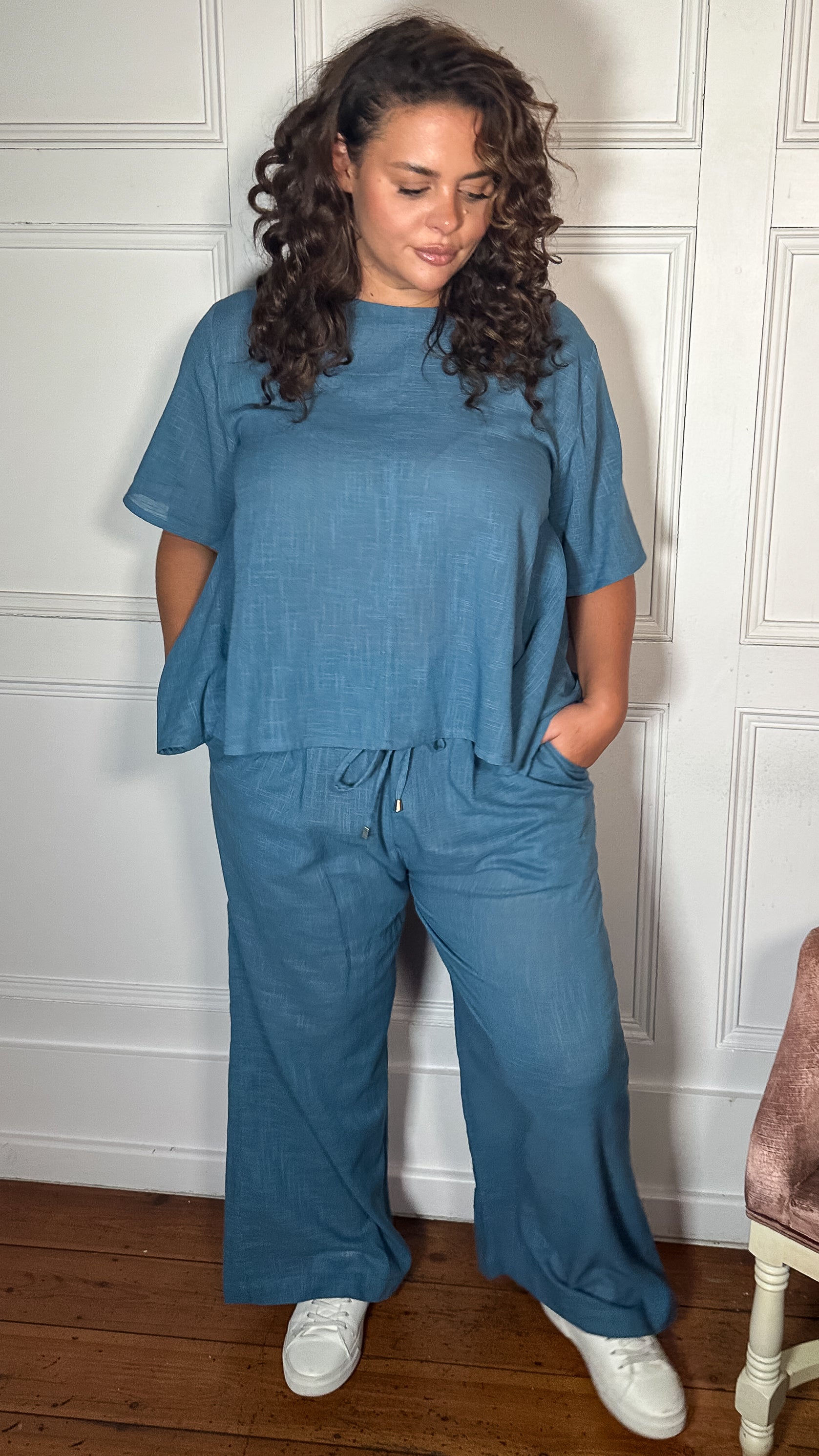 CurveWow Slub Wide Leg Trouser Blue