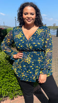 CurveWow Mesh Sleeve Wrap Top Navy Yellow Floral