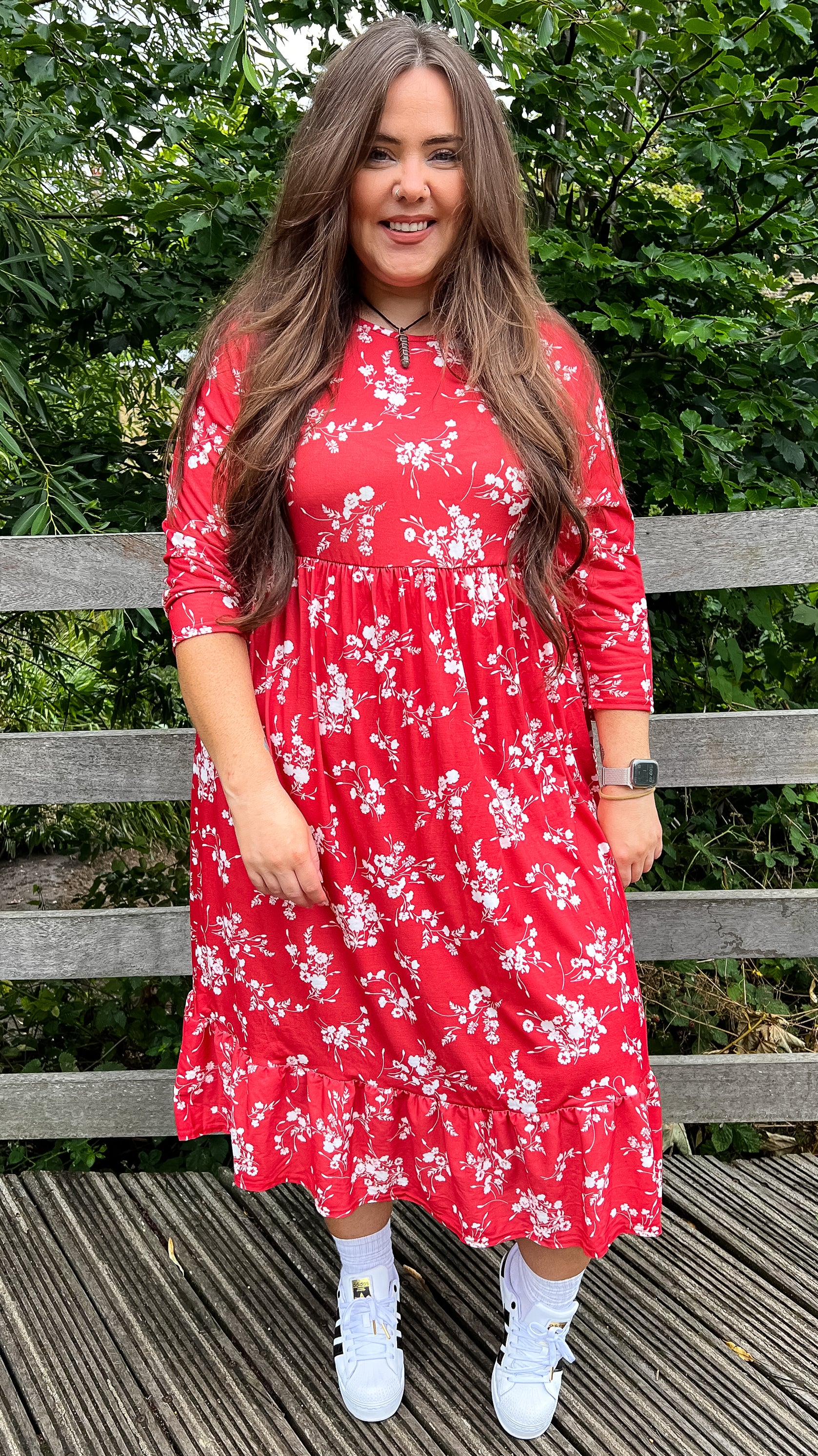CurveWow Tiered Smock Dress Red Floral