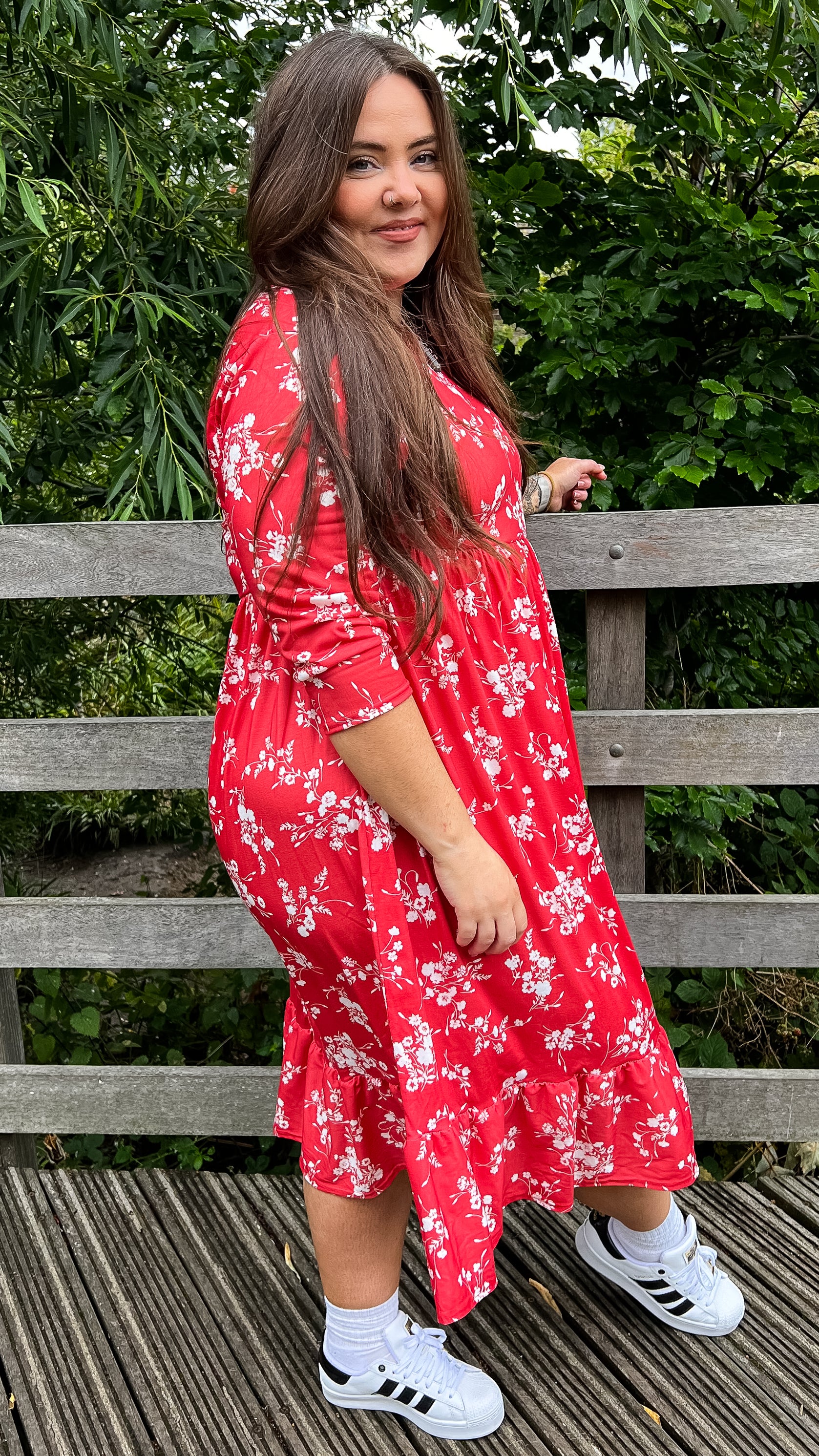 CurveWow Tiered Smock Dress Red Floral