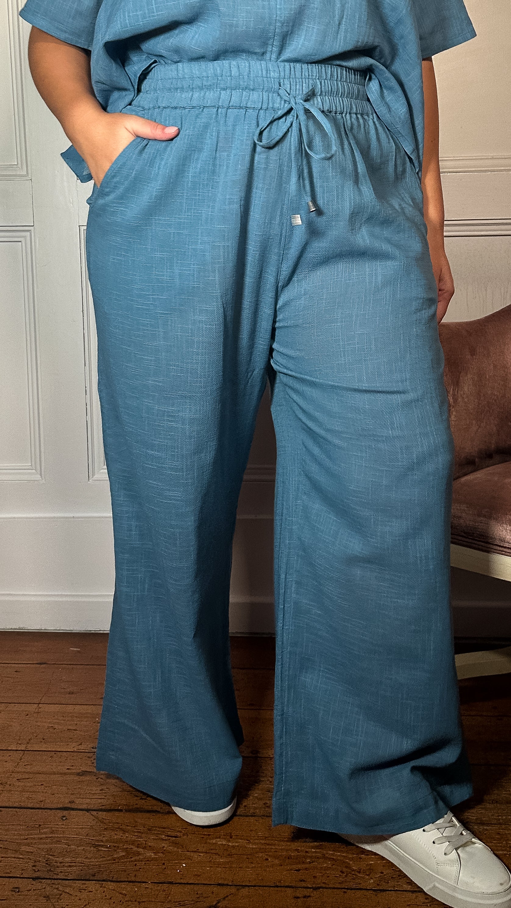 CurveWow Slub Wide Leg Trouser Blue