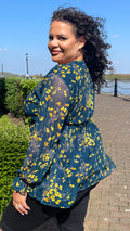 CurveWow Mesh Sleeve Wrap Top Navy Yellow Floral