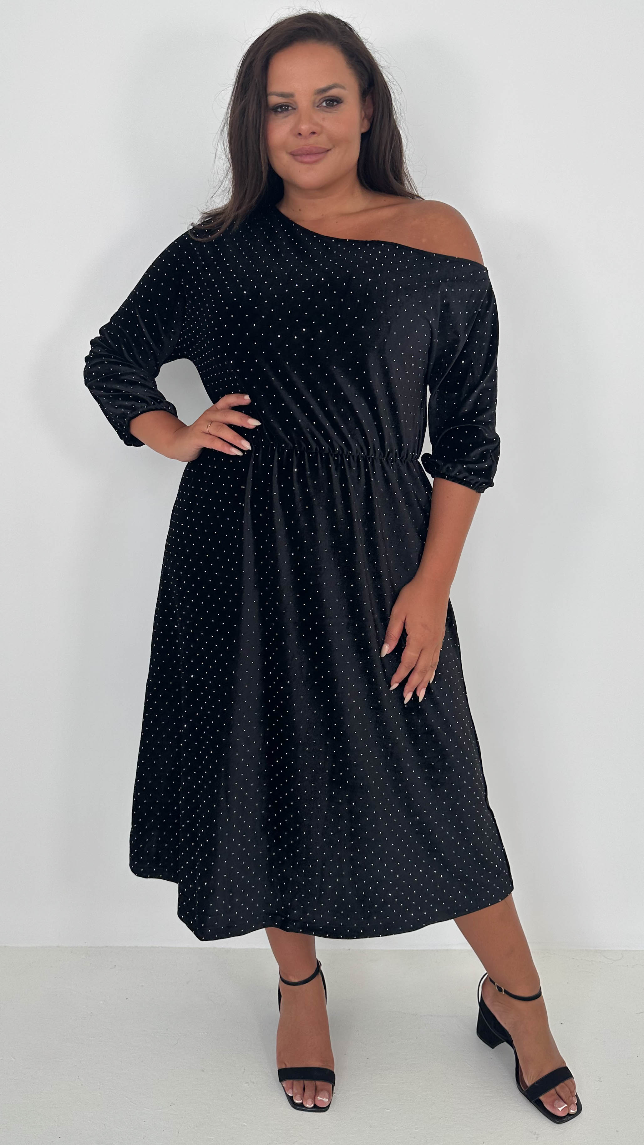 CurveWow Velvet Off The Shoulder Midi Dress Black