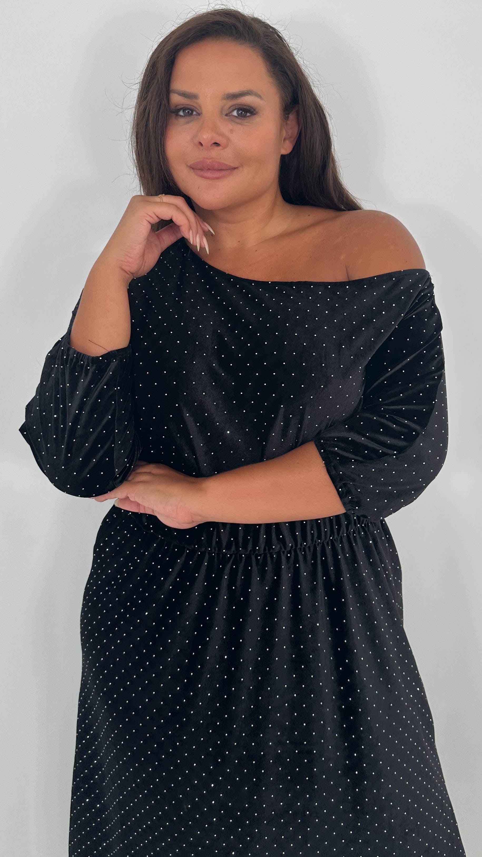 CurveWow Velvet Off The Shoulder Midi Dress Black