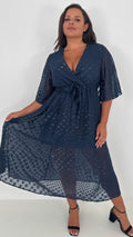 CurveWow Flared Sleeve Maxi Dress Navy Spot