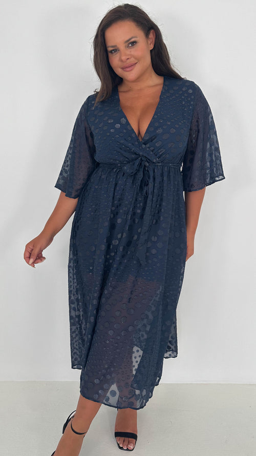 CurveWow Flared Sleeve Maxi Dress Navy Spot
