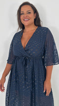 CurveWow Flared Sleeve Maxi Dress Navy Spot
