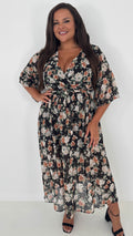 CurveWow Flared Sleeve Maxi Dress Black Floral